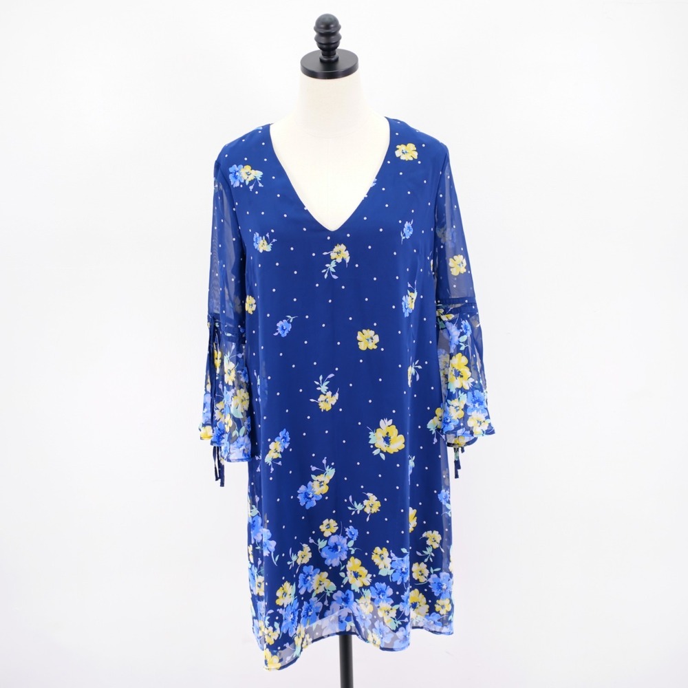 Vince Camuto -12- Blue Floral V-Neck Flutter Sleeve Shift‎ Lined Dress Polyester